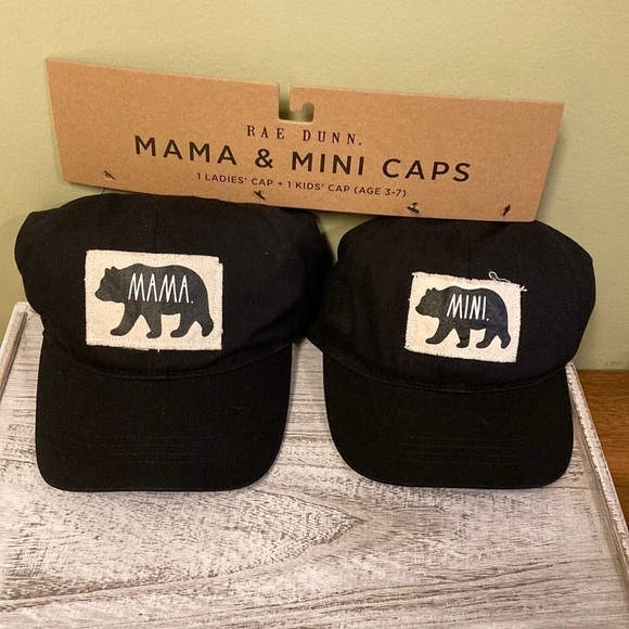 NWT Rae Dunn MAMA BEAR & MINI BEAR BLACK BALL CAPS - Picture 1 of 8
